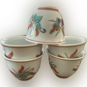 Vintage Japanese Sake Cup Set 5 delicate porcelain china hand painted floral